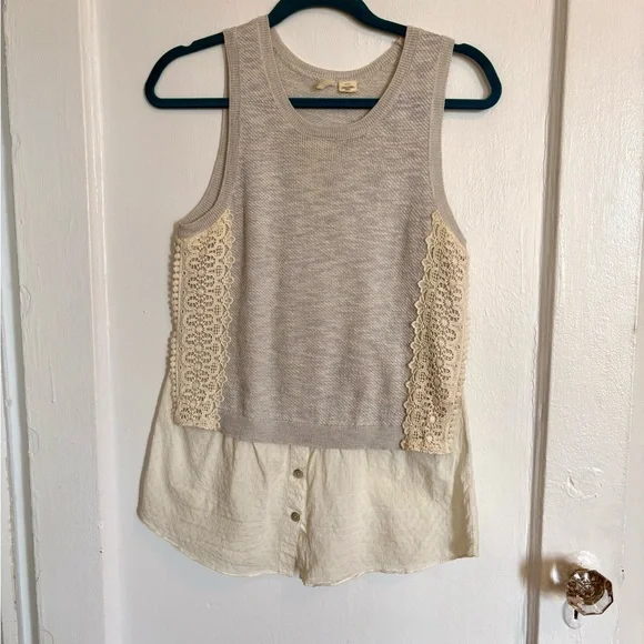 Anthropologie Gray and Cream Lace Trim Tank Top - Picture 5 of 9
